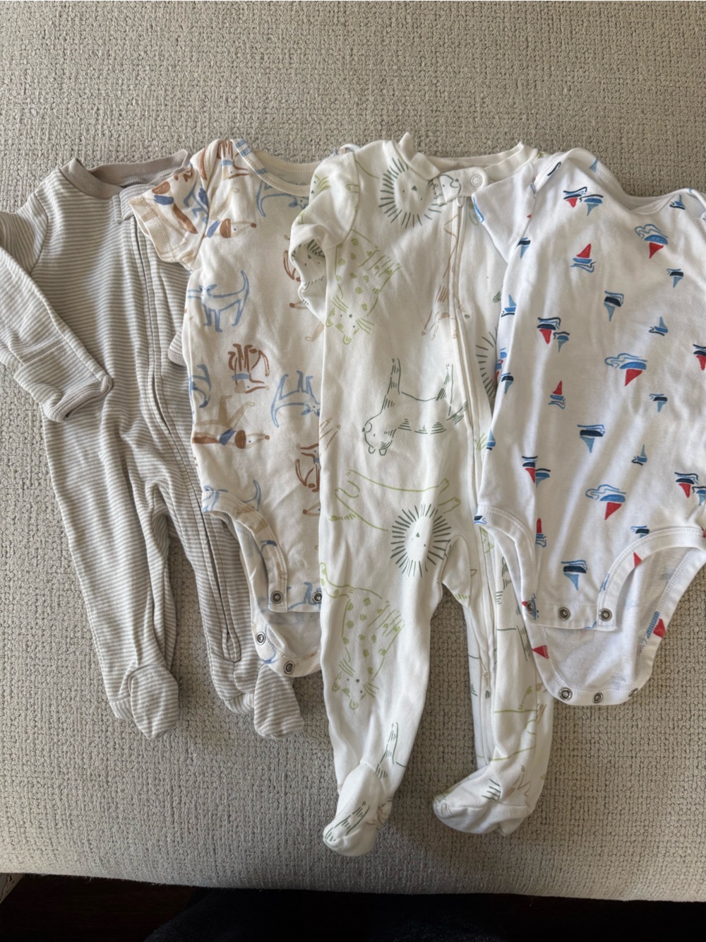 Carter's Baby onesie bundle- White with Blue, Red, Green & Tan Prints